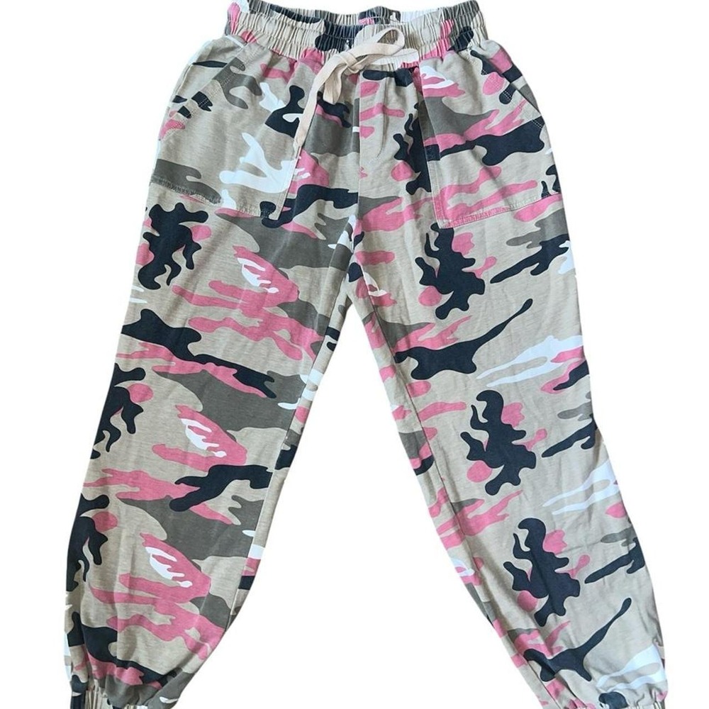 Pink Camo Jogger Pants Elastic Waist Drawstring Camouflage Trousers Womens